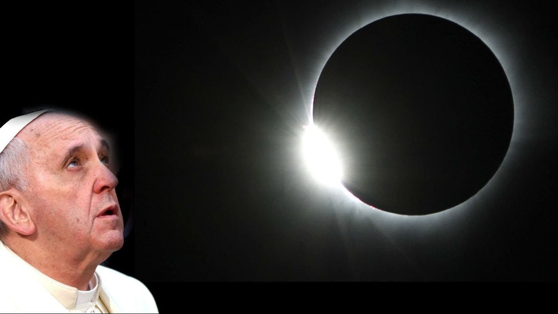 19. With eclipse near, Pope Francis warns against astrology and fortune telling. A man in religious attire gazing upward in awe at a solar eclipse, capturing the dramatic moment when the moon aligns perfectly with the sun, revealing the bright solar corona. Opens a video in a new window.
