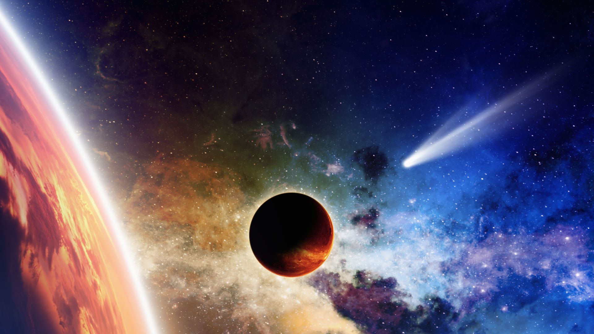 6. Ángeles apocalípticos. A vibrant depiction of celestial bodies, featuring a fiery comet streaking toward a distant star, set against a multicolored swath of nebula. A planet casts a shadow upon its nearby celestial neighbor, all under the watchful gaze of the Mazzaroth. Opens a video in a new window.