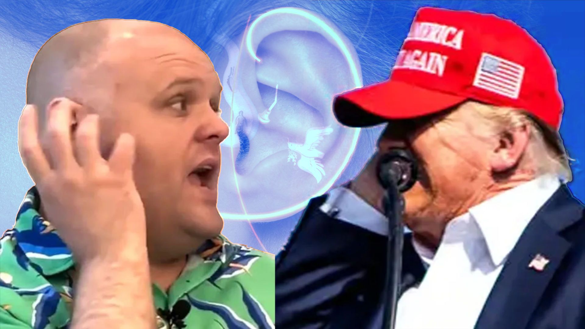 7. Intento de asesinato y falso reavivamiento. A collage image showing two separate scenes: on the left, a bald man wearing a colorful shirt appears animated as he listens intently with his hand cupped behind his ear. On the right, an elderly man, obscured partially by a blurry image of a human ear anatomy overlay, looks down while wearing a red baseball cap marked with political slogans. Opens a video in a new window.