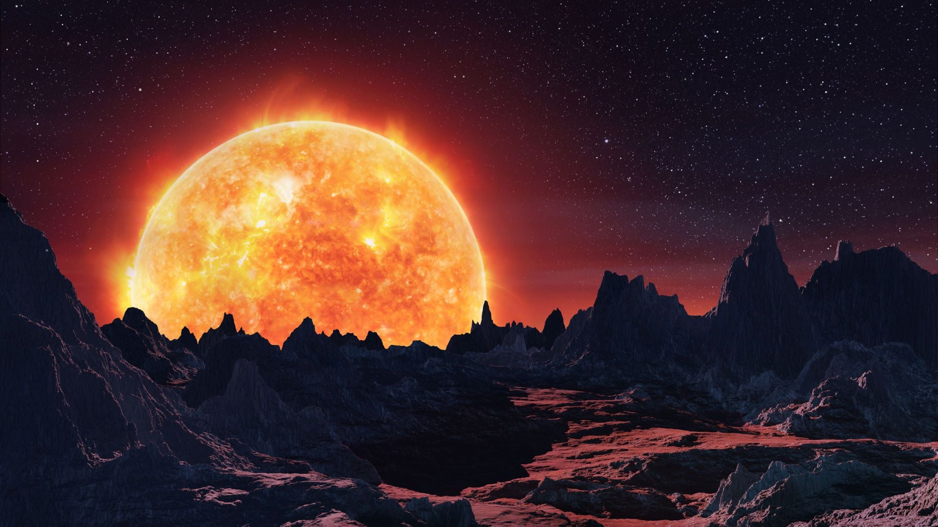 7. El faro de la ira de Dios. An expansive view of a rugged alien landscape under a star-studded sky, dominated by a large, radiant sun setting or rising over sharp mountain peaks. Opens a video in a new window.