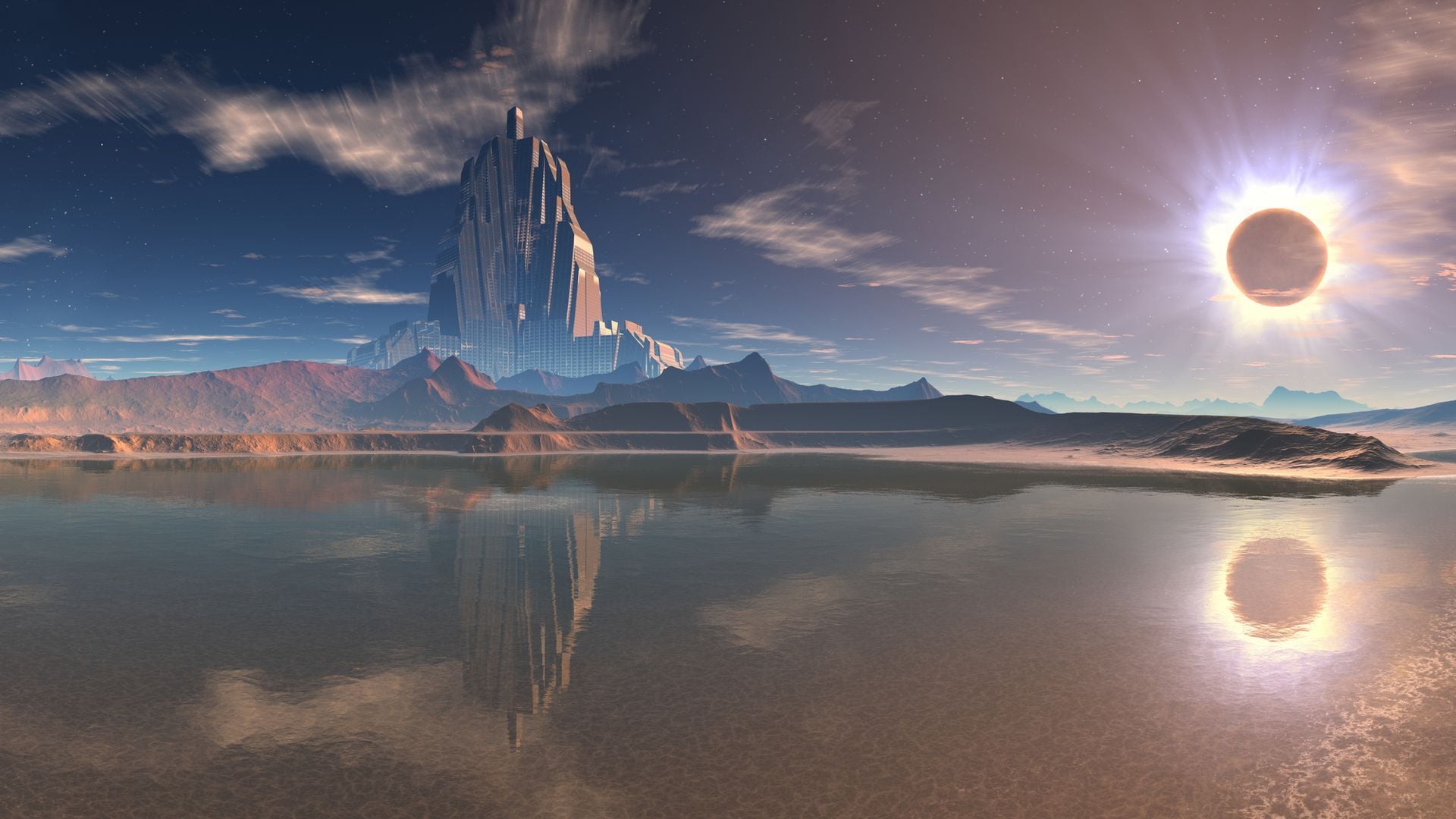 10. The Stone Which Smote the Image (Daniel 2:34). A surreal landscape depicting a large, futuristic mountain structure under a clear sky with clouds, next to a calm lake reflecting the structure and the surrounding terrain. An eclipsed sun, resembling a celestial event, casts a gentle glow over the scene, evoking a sense of serene isolation. Opens a video in a new window.