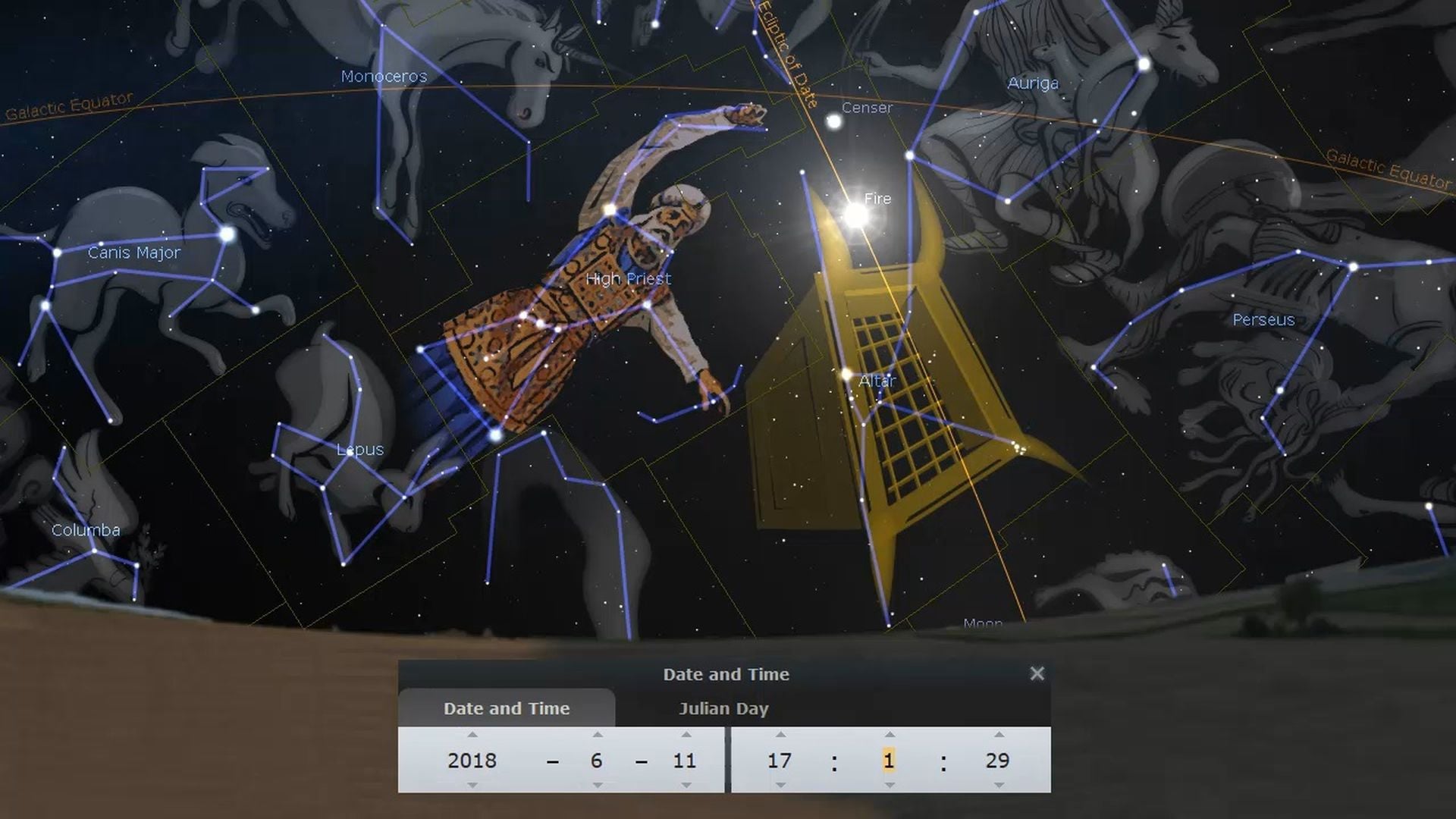 1. The censer is thrown down in reverse time. A digital representation of the night sky showcasing various constellations connected by lines with a figure resembling an ancient harvester overlaying the stars, seemingly swinging a sickle. A golden grid pattern appears above the figure, and a digital interface indicates the date and Julian Day at the bottom. Opens a video in a new window.