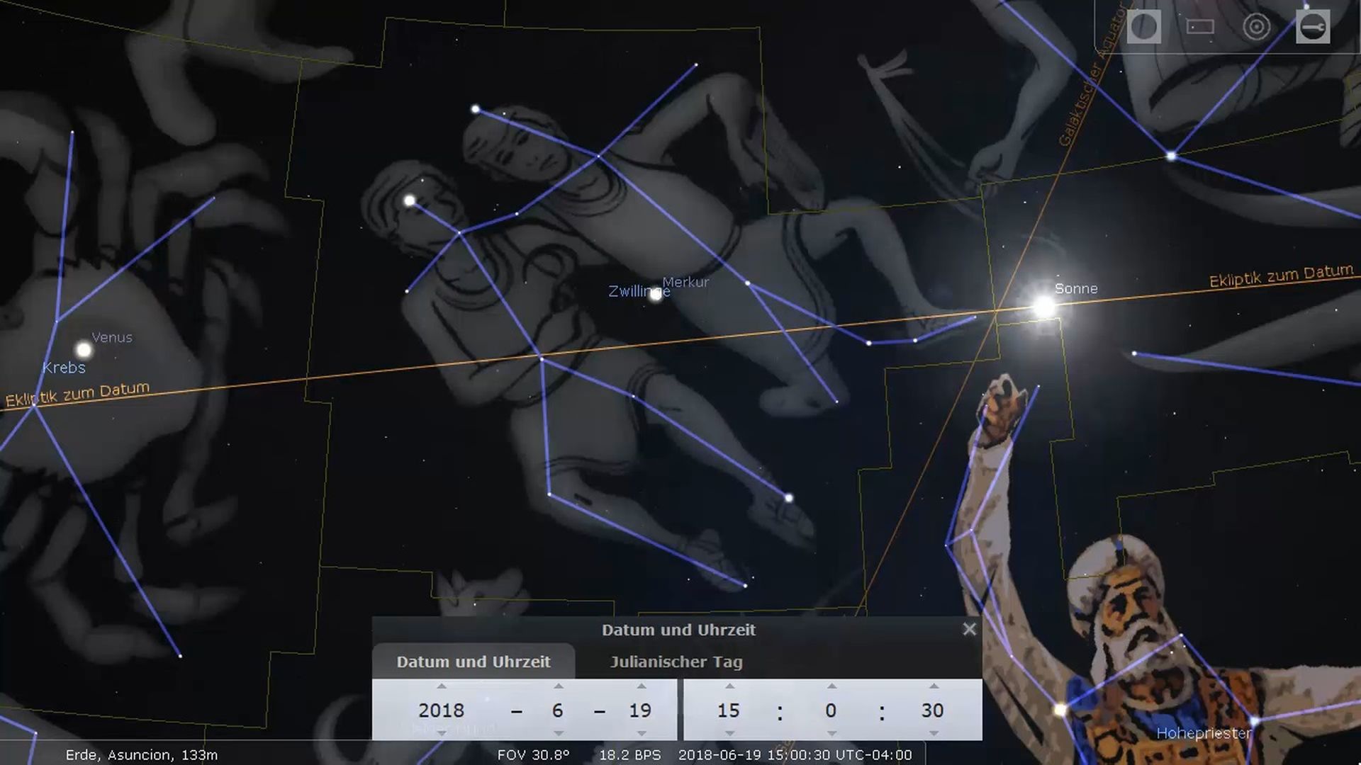 4. Der Hohepriester wechselt die Kleider. A digital depiction of the night sky showcasing various constellations connected by blue lines against a dark backdrop, overlaid with translucent figures resembling ancient representations. Each constellation is labelled with names that are typically associated with the Mazzaroth, although specific names are undecipherable. A digital interface displays parameters such as date, time, and geographic coordinates. Opens a video in a new window.