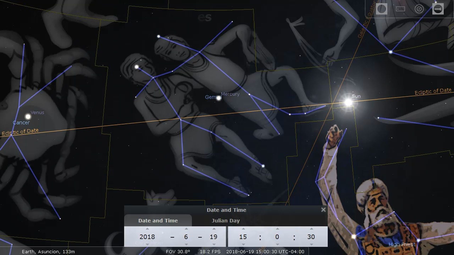 4. The High Priest changes clothes. Digital representation of the night sky showing celestial bodies and interconnecting lines forming detailed illustrations of classical figures, including the Mazzaroth constellation 'Gemini', alongside visible labels for planets such as Mercury and Venus. The image contains a futuristic overlay of data specifying date, time, and celestial coordinates. Opens a video in a new window.