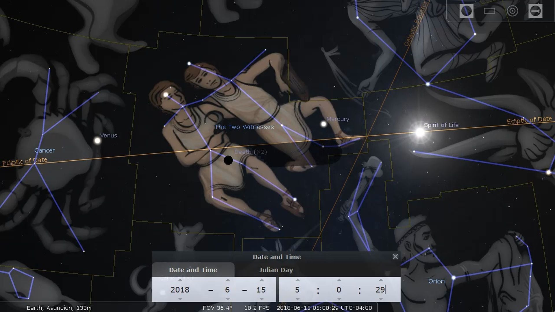 6. The death of the two witnesses. A digital astronomical software display showing celestial bodies and constellations with illustrated human figures, labeled with names like "The Two Witnesses" under a star map. The screen shows the position of planets such as Venus and Mercury relative to labeled constellations, overlaid on a night sky. Opens a video in a new window.