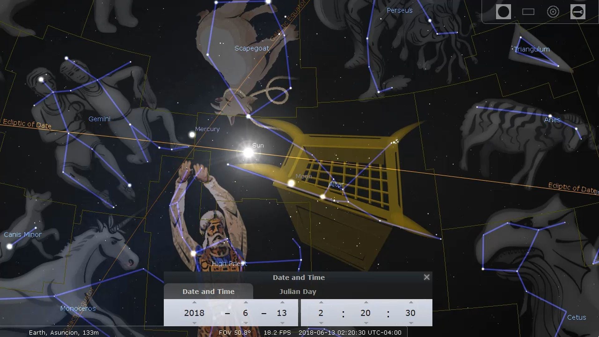 2. The sins are transferred to the scapegoat. A digital star map displaying various constellations and celestial bodies, including Mercury and sections of the Mazzaroth, overlaid with a grid and celestial navigation lines. The image includes an interface showing the date and Julian Day number, set to June 13, 2018, at 2:20:30 Coordinated Universal Time. Opens a video in a new window.