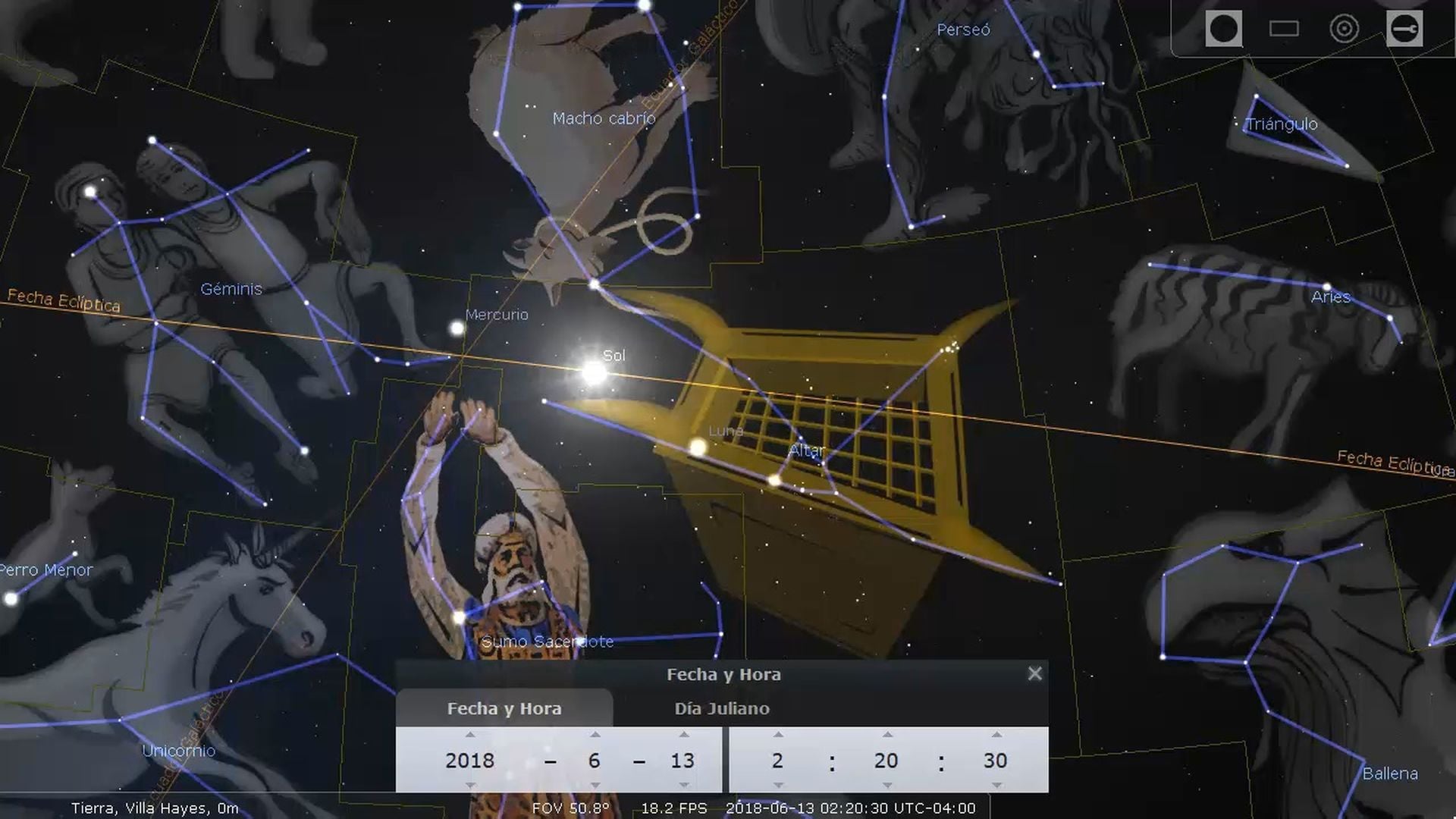 2. Los pecados son transferidos al macho cabrío. A digital astronomical simulation showing various constellations connected by white lines against a dark night sky background. The simulation includes an overlay of an ancient seafaring vessel navigating through a group identified in the biblical term 'Mazzaroth'. The interface displays data such as date, time, and celestial coordinates, set on June 13, 2018. Opens a video in a new window.
