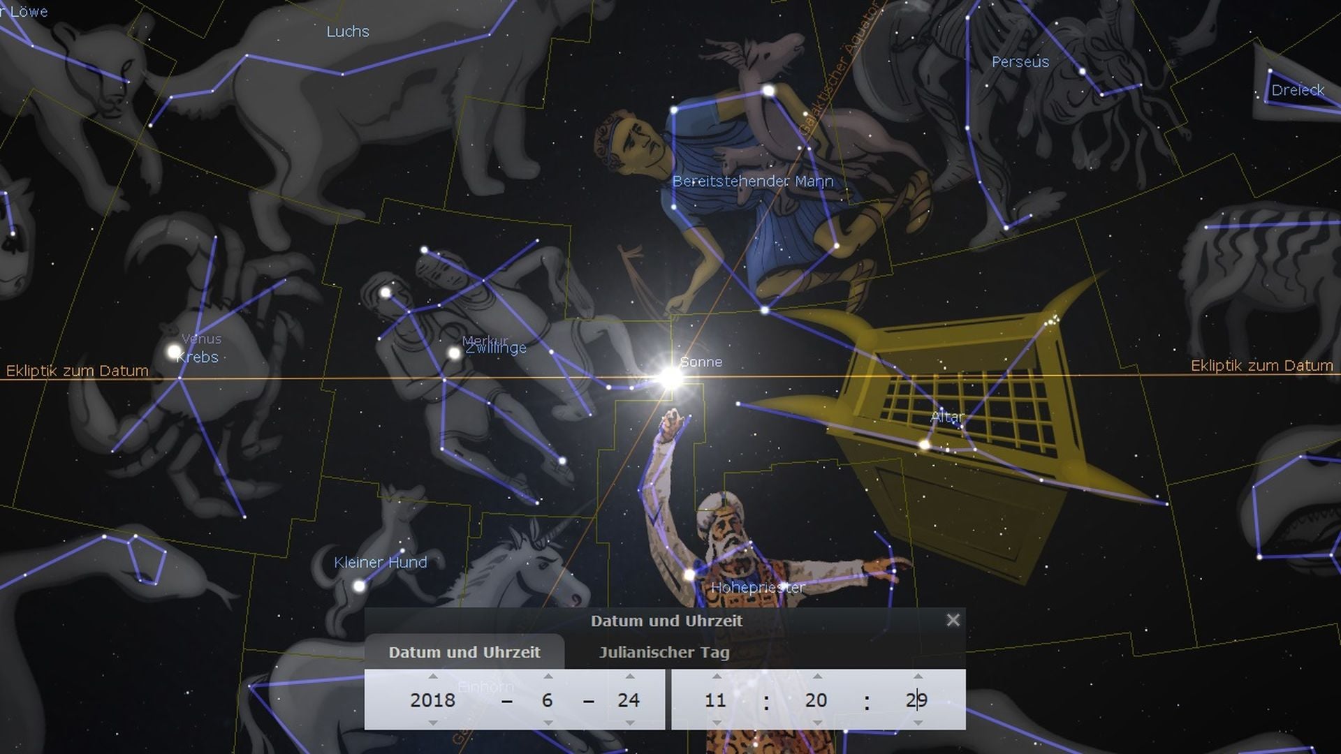 3. Das Hinausführen des Sündenbocks in die Wüste. A digital depiction of the night sky map featuring various celestial constellations illustrated with mythological figures and animals, overlaid with astronomical lines and coordinates. Overlay graphics include a grid, date and time settings indicating June 24, 2018, at 11:20 pm. Opens a video in a new window.