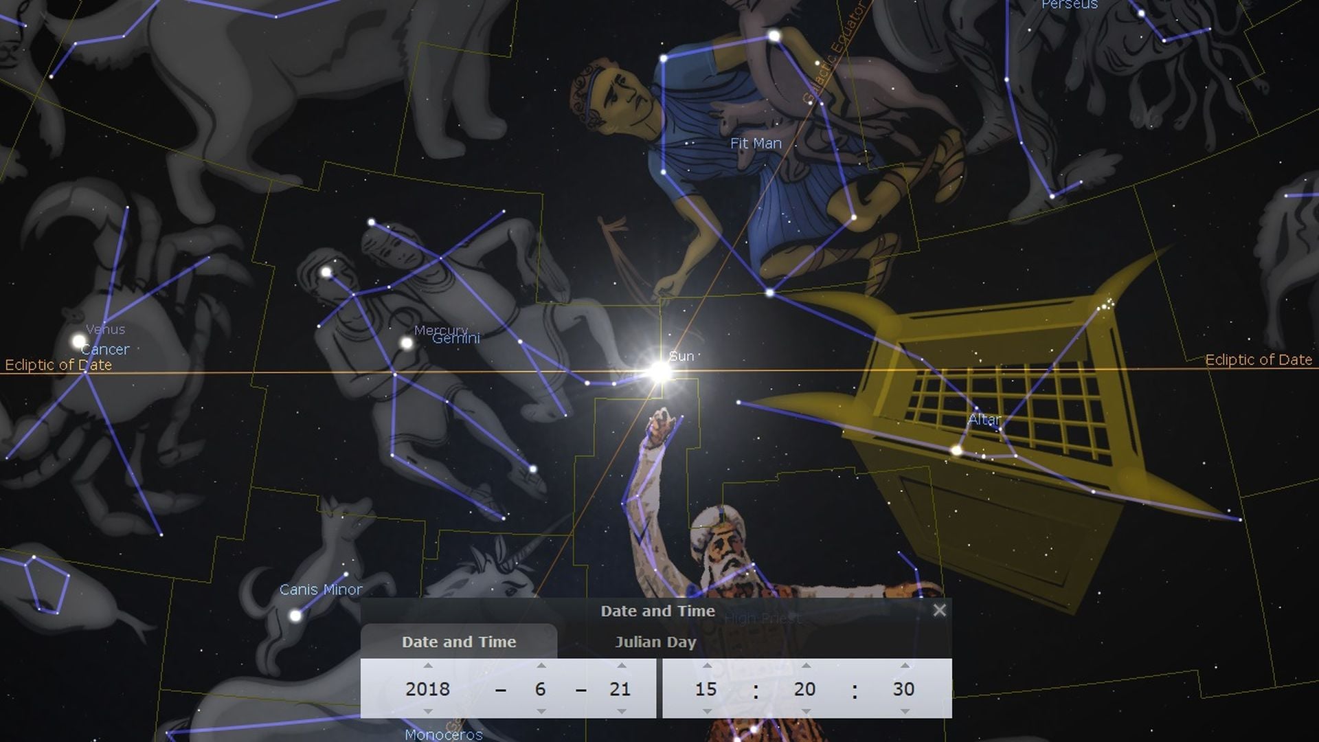 3. Leading the scapegoat into the wilderness. A digital astronomical illustration depicting an elderly man with a long beard, pointing towards a bright star in a sky map filled with various constellations connected by lines. Notable are their artistic representations as figures, including a lion and a twin figure, set against a dark background with a computer interface showing date and time settings for June 21, 2018. Opens a video in a new window.