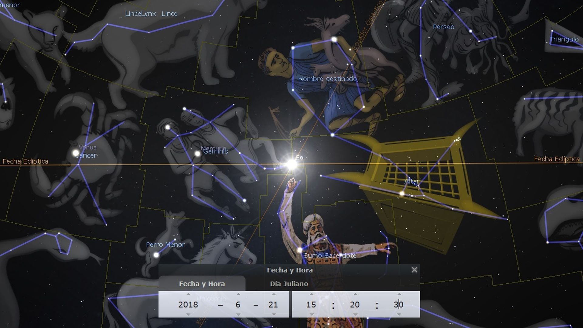 3. Llevando al macho cabrío al desierto. An illustrated celestial map, displaying various constellations connected by lines against a dark starry sky. A digital overlay shows settings for celestial date and time, along with a man gazing at the stars. The figures in the image symbolize ancient interpretations of the heavens, as mentioned in Job 38:32. Opens a video in a new window.