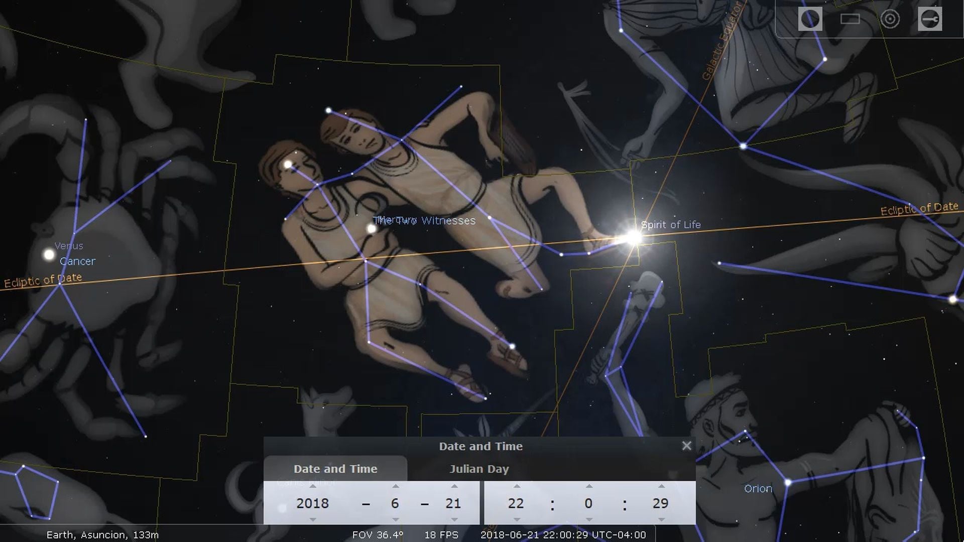 7. The resurrection of the two witnesses. A digital depiction of the night sky showcasing constellations as anthropomorphic figures connected by light blue lines, with technical overlay including coordinates, date, and time visible. Key constellations are labeled, such as Orion and Cancer, positioned amidst other celestial configurations. Opens a video in a new window.