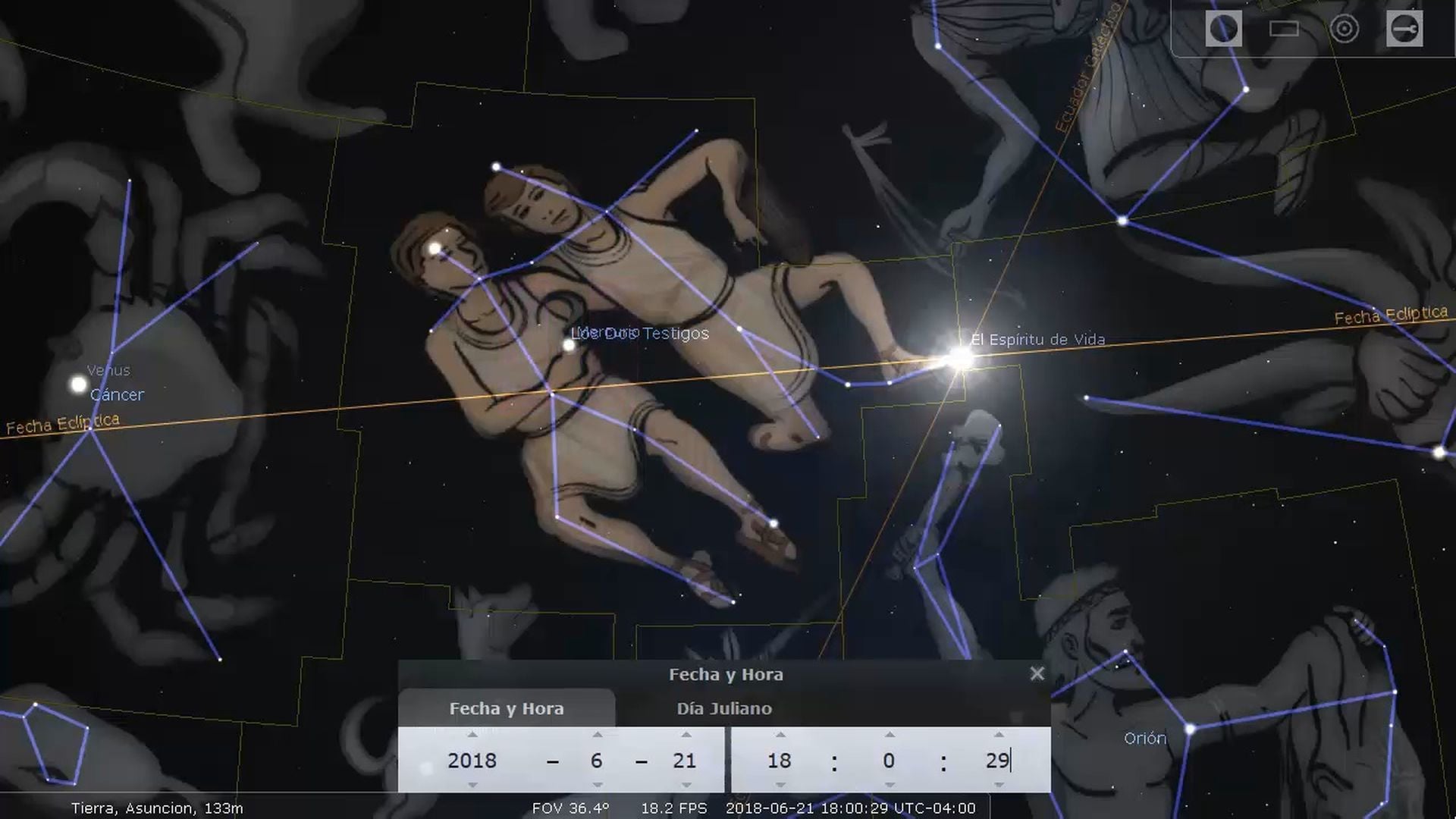 7. La resurrección de los dos testigos. A digital depiction of the Mazzaroth featuring a constellation outline resembling a pair of human figures, overlaid on a celestial star map with various coordinate lines and astronomical data. The image includes numerical data related to a specific date and time, suggesting an emphasis on celestial events and their observation. Opens a video in a new window.