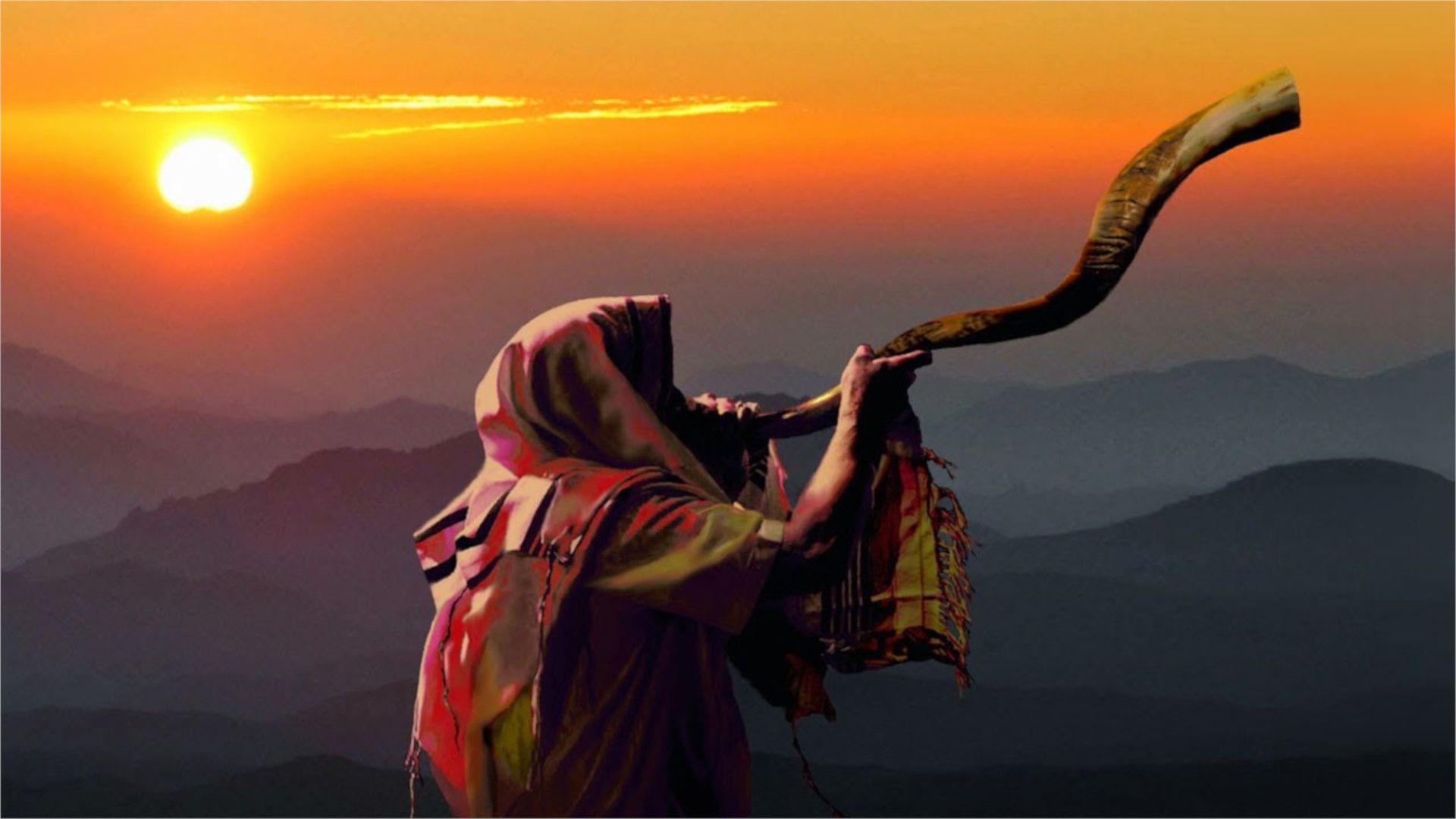 5. The End of the Day of Atonement. An ancient figure in traditional robes stands on a mountain peak at sunrise, blowing a long shofar towards the rising sun, with layers of mountains fading into the horizon beneath a vibrant orange sky. Opens a video in a new window.