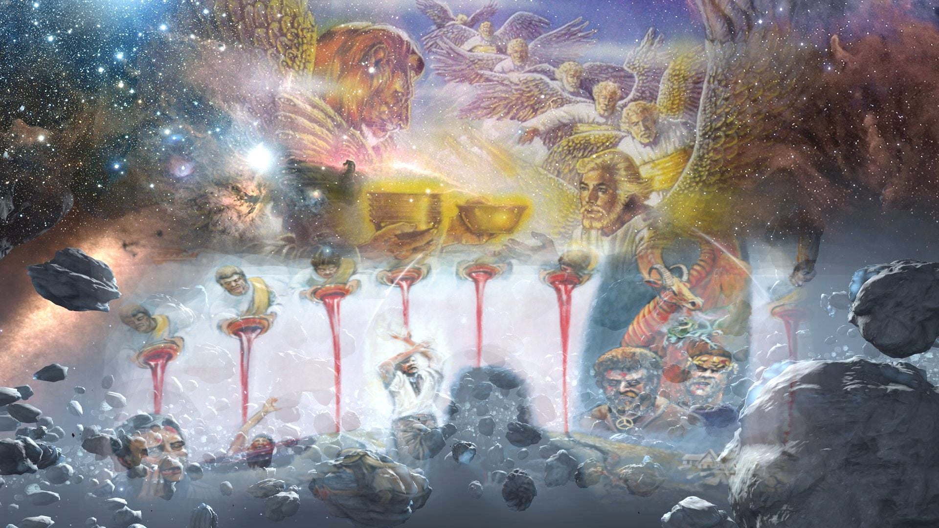 9. The Great and Marvelous Sign of the Seven Last Plagues. A celestial scene depicting an intricate mural of cosmic and mythological themes. The image features various beings appearing to interact across the cosmos, including spiritual figures surrounded by small glowing orbs, an angelic assembly, and ambiguous entities composed of clouds and light. An array of celestial objects, including stars and meteor-like rocks, enhances the otherworldly atmosphere. Opens a video in a new window.