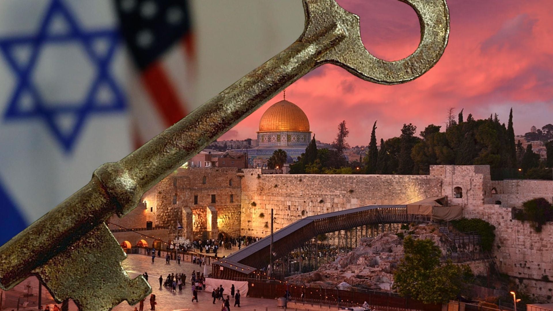 3. Jerusalem, the Key to the Bottomless Pit. A composite image featuring an ancient-looking key superimposed over a scenic view of Jerusalem during twilight. The backdrop displays the Western Wall and the Dome of the Rock under a sky painted with hues of pink and orange. Flanking the image are the flags of the United States and Israel. Opens a video in a new window.