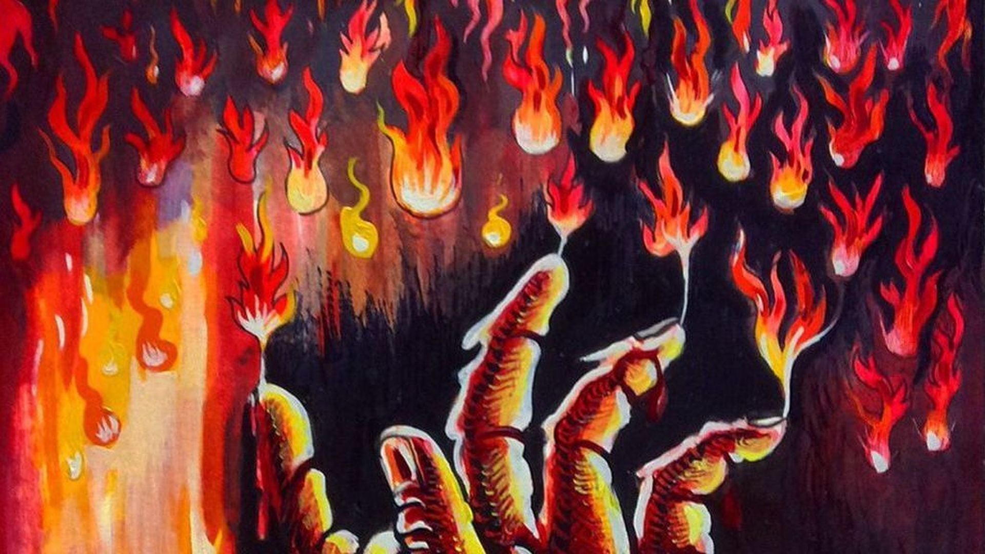 8. ¡Fuego del cielo 2017!. Artistic interpretation of a fiery celestial scene depicting numerous flames descending over a dark landscape, with bright, glowing ember-like forms interspersed throughout the composition. Opens a video in a new window.
