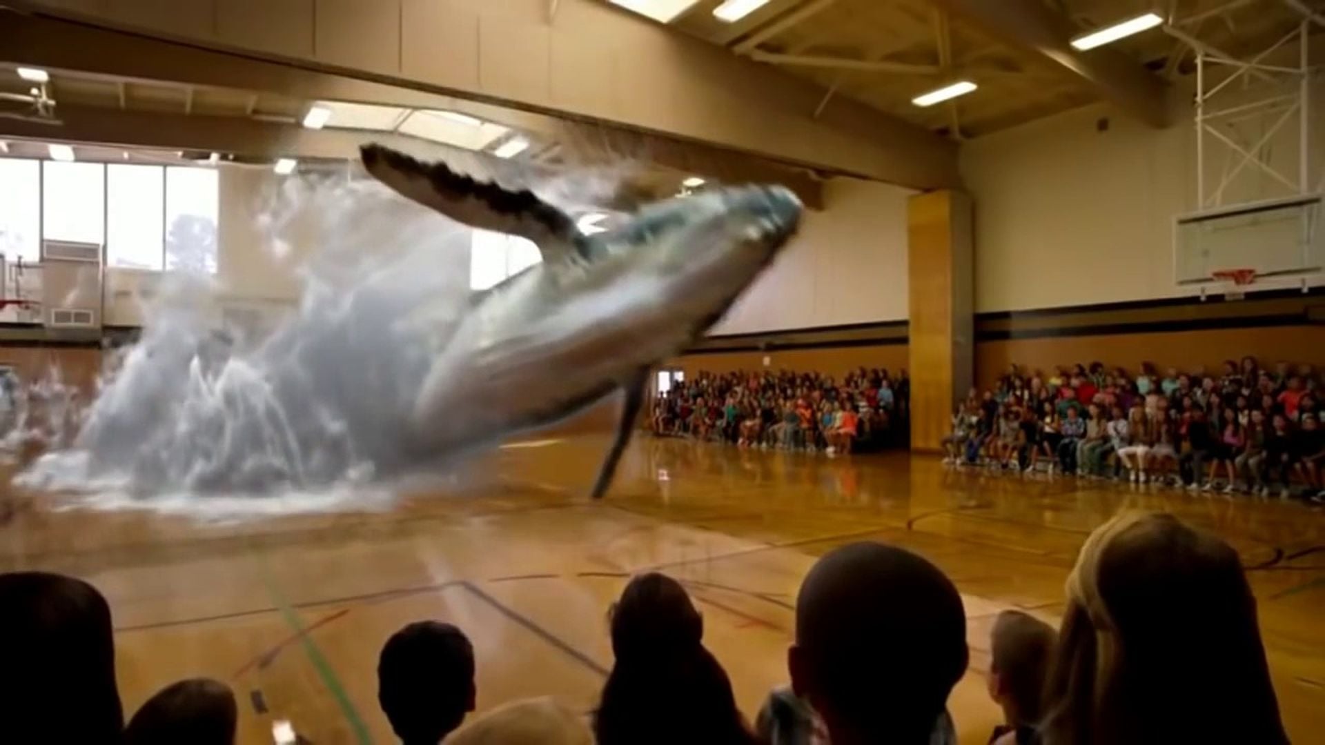 6. 7D Hologramm Technologie Walfisch Video. A large, digitally created whale jumps dramatically in a gymnasium, surrounded by a splash of water, as an audience of spectators watches intently. Opens a video in a new window.