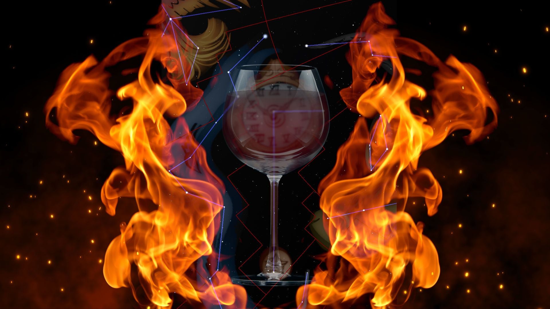 1. Protegidos de la ira. An hourglass enshrouded in vibrant flames stands against a cosmic backdrop, featuring floating celestial symbols of the Mazzaroth interconnected by light blue lines, all enveloped in the darkness of space. Opens a video in a new window.