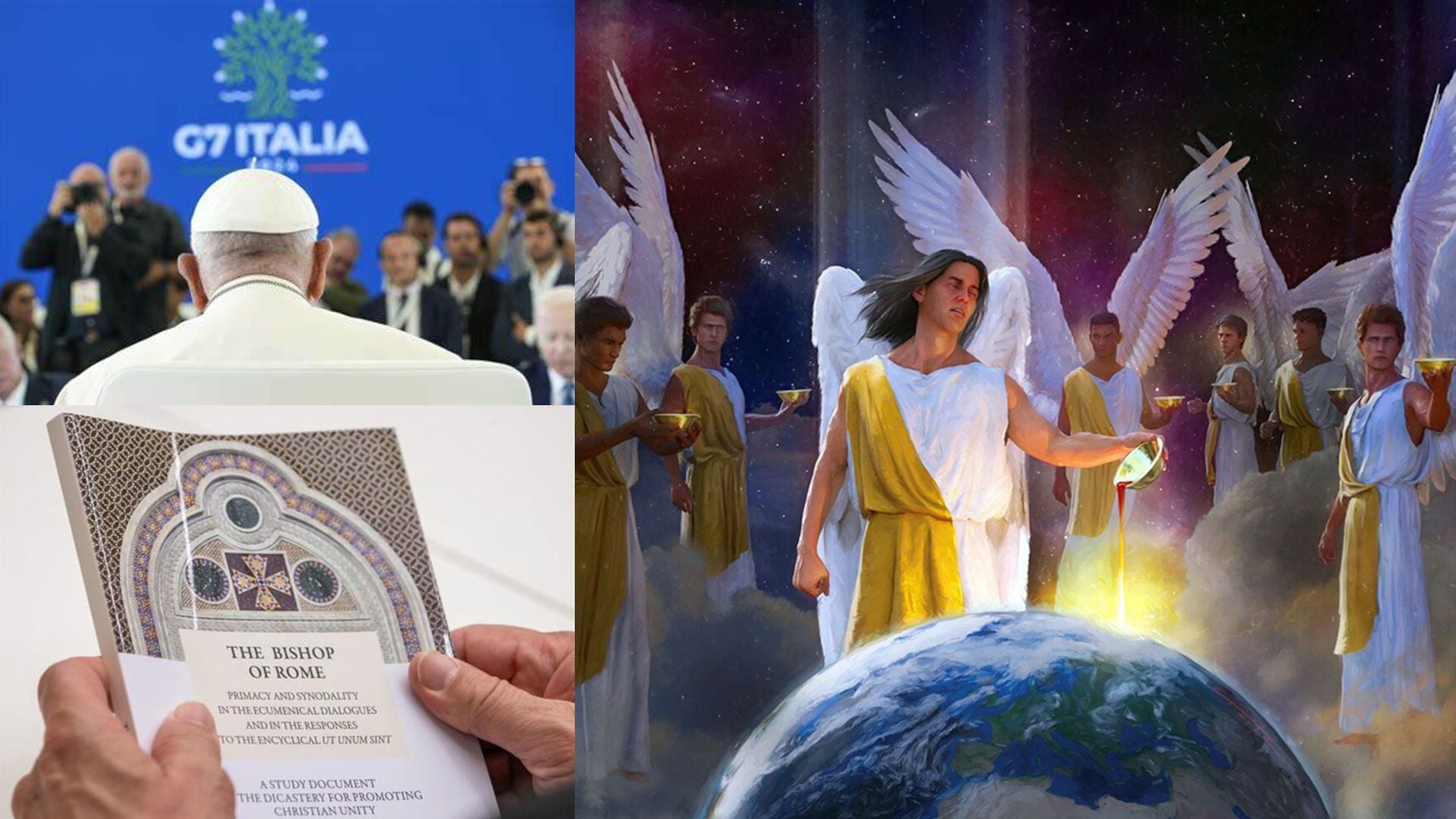 5. Invitando la ira de Dios. On the left, a man from behind, likely a clergy member, holds a book titled "The Wisdom of Rome" at a conference identified by a sign saying "G7 Italia". On the right, a celestial depiction sports multiple angelic figures with large wings, clad in robes of gold and blue, arrayed around a glowing celestial sphere, symbolizing Earth. The backdrop displays a vibrant cosmic scene with stars and nebulae. Opens a video in a new window.