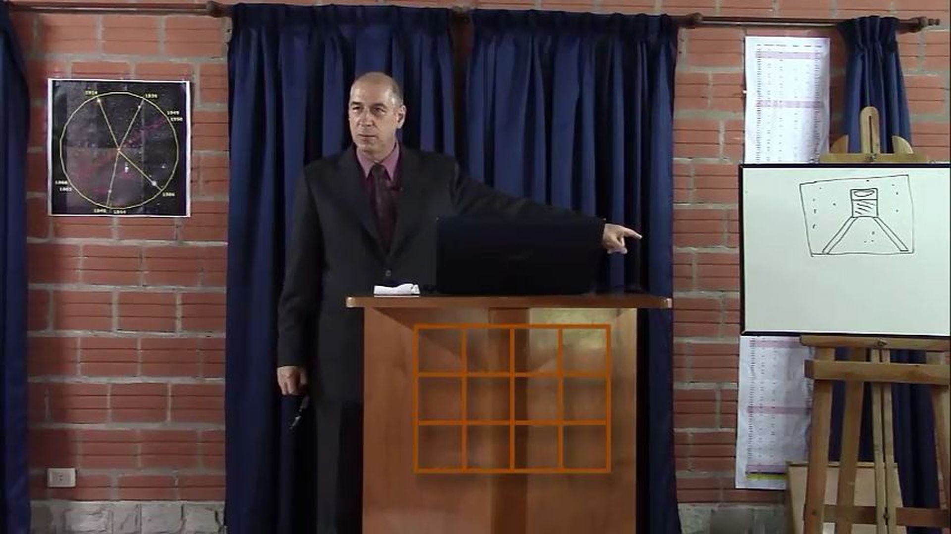 1. Ordenación de mujeres trae la ley dominical. A man stands at a podium in a room, gesturing towards a laptop on the podium, with a framed image of the Mazzaroth and an illustration of a chemical flask on an easel to his side. Opens a video in a new window.